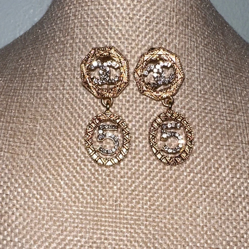 CHANEL Gold and Silver Number 5 Earrings - Picture 3 of 5